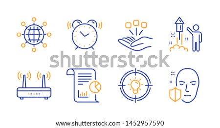 Alarm clock, Fireworks and Consolidation line icons set. Report, Wifi and Idea signs. International globe, Face protection symbols. Time, Party pyrotechnic. Science set. Line alarm clock icon. Vector