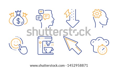 Energy drops, Check investment and Engineering line icons set. Smile, Messages and Coffee maker signs. Mouse cursor, Cooking timer symbols. Power usage, Business report. Technology set. Vector