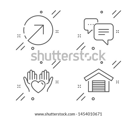 Direction, Dots message and Hold heart line icons set. Parking garage sign. Navigation pointer, Chat bubble, Care love. Car place. Line direction outline icon. Vector