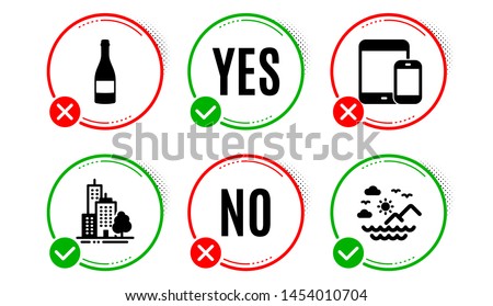 Mobile devices, Skyscraper buildings and Champagne bottle icons simple set. Yes no check box. Sea mountains sign. Smartphone with tablet, Town architecture, Anniversary alcohol. Summer travel. Vector