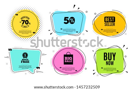 Buy Now. Best seller, quote text. Special offer price sign. Advertising Discounts symbol. Quotation bubble. Banner badge, texting quote boxes. Buy now text. Coupon offer. Vector