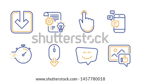 Scroll down, Communication and Timer line icons set. Cogwheel, Smile face and Load document signs. Hand click, Like photo symbols. Mouse swipe, Smartphone messages. Technology set. Vector