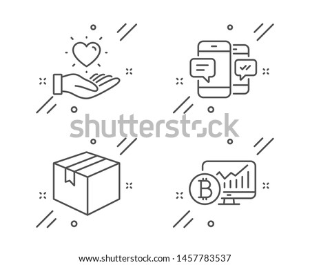 Smartphone sms, Parcel and Hold heart line icons set. Bitcoin chart sign. Mobile messages, Shipping box, Love brand. Cryptocurrency statistics. Business set. Line smartphone sms outline icon. Vector
