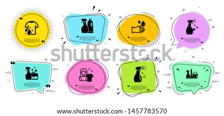 Wash t-shirt, Household service and Shampoo and spray line icons set. Chat bubbles with quotes. Clean shirt, Rubber gloves and Cleanser spray signs. Washing cleanser symbol. Vector