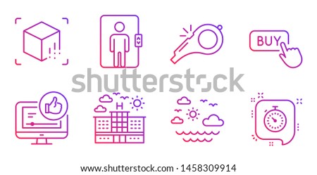 Travel sea, Augmented reality and Like video line icons set. Hotel, Whistle and Elevator signs. Buy button, Timer symbols. Summer holidays, Virtual reality. Business set. Vector