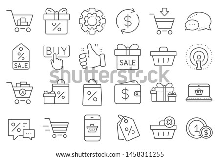Shopping wallet line icons. Gift, Present and Sale offer signs. Shopping cart, Delivery gift and Tags symbols. Speech bubble, Discount, sale and wallet. Online buying. Surprise present. Vector