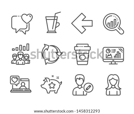 Set of Business icons, such as Seo analysis, Loyalty points, Takeaway coffee, Friends chat, Teamwork results, Recycle, Heart, Coffee cup, Woman, Analytics graph, Left arrow, Edit person. Vector