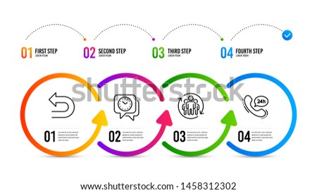 24h service sign. Infographics timeline. Undo, Clock and Teamwork line icons set. Left turn, Time, Employees change. Call support. Technology set. Undo icon. Timeline diagram. Vector
