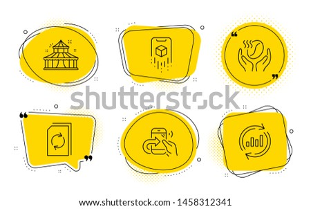 Coffee, Augmented reality and Update data signs. Chat bubbles. Circus, Update document and Share call line icons set. Attraction park, Refresh file, Phone support. Roasted bean. Business set. Vector