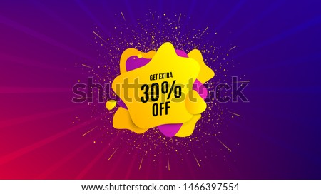 Get Extra 30% off Sale. Dynamic text shape. Discount offer price sign. Special offer symbol. Save 30 percentages. Geometric vector banner. Extra discount text. Gradient shape badge. Vector