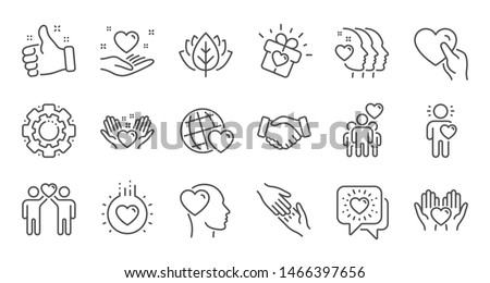 Friendship and love line icons. Interaction, Mutual understanding and assistance business. Trust handshake, social responsibility icons. Linear set. Quality line set. Vector 商業照片 © 