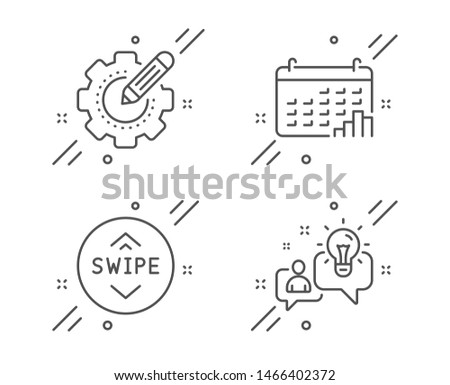 Settings gear, Calendar graph and Swipe up line icons set. Idea sign. Technology process, Annual report, Scroll screen. Solution. Technology set. Line settings gear outline icon. Vector