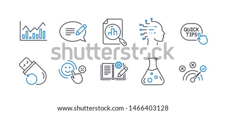 Set of Education icons, such as Message, Quick tips, Engineering documentation, Infochart, Chemistry lab, Artificial intelligence, Analytics graph, Customer satisfaction, Flash memory. Vector