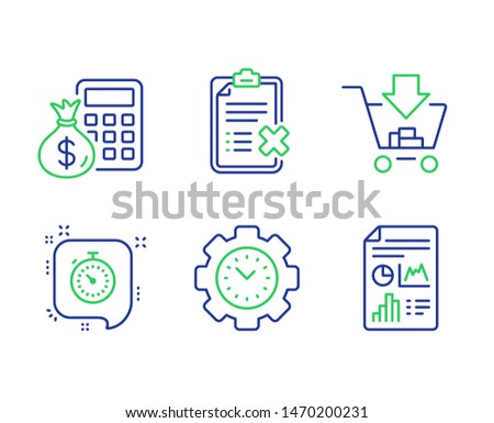 Reject checklist, Finance calculator and Time management line icons set. Timer, Shopping and Report document signs. Decline file, Calculate money, Settings. Time management. Business set. Vector