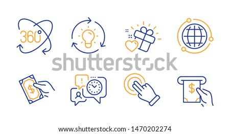Pay money, Touchscreen gesture and Globe line icons set. Full rotation, Love gift and Time management signs. Idea, Atm service symbols. Hold cash, Click hand. Business set. Line pay money icon. Vector