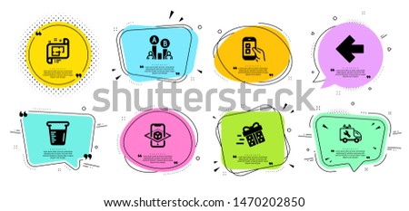 Present delivery, Mobile survey and Augmented reality line icons set. Chat bubbles with quotes. Cooking beaker, Left arrow and Ab testing signs. Architectural plan, Car service symbols. Vector