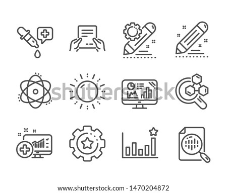 Set of Science icons, such as Atom, Receive file, Brand contract, Chemistry lab, Medical analytics, Analytics chart, Project edit, Efficacy, Chemistry pipette, Sun energy, Settings gear. Vector