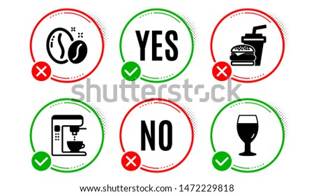 Coffee beans, Coffee maker and Hamburger icons simple set. Yes no check box. Beer glass sign. Roasted seeds, Tea machine, Burger with drink. Brewery beverage. Food and drink set. Vector
