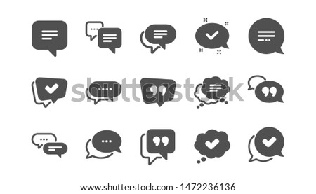 Chat and quote icons. Approved, Checkmark box and Social media message. Chat speech bubble, Tick or check mark, Comment quote icons. Think speech bubble. Classic set. Quality set. Vector