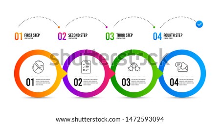 Ranking stars, Interview and Pie chart line icons set. Timeline infographic. New mail sign. Winner award, Checklist file, Presentation graph. Received e-mail. Education set. Ranking stars icon. Vector