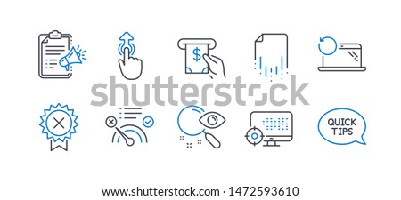 Set of Technology icons, such as Megaphone checklist, Recovery file, Search, No internet, Reject medal, Recovery laptop, Atm service, Swipe up, Seo, Quickstart guide line icons. Vector