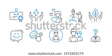 Set of People icons, such as Safe energy, Love, Customer satisfaction, Certificate, Couple, Person, Fireworks, Smile chat, Fair trade, Hiring employees line icons. Thunderbolt, Woman in love. Vector