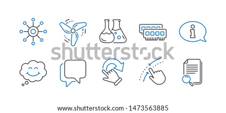 Set of Technology icons, such as Smile, Information, Rotation gesture, Chemistry lab, Swipe up, Talk bubble, Multichannel, Wind energy, Ram, Search file line icons. Comic chat, Info center. Vector