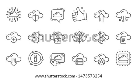 Cloud data and technology icons. Hosting, Computing data and File storage. Computer sync linear icon set. Quality line set. Vector