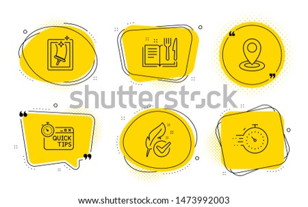 Quick tips, Window cleaning and Timer signs. Chat bubbles. Location, Recipe book and Hypoallergenic tested line icons set. Map pointer, Food, Feather. Helpful tricks. Business set. Vector