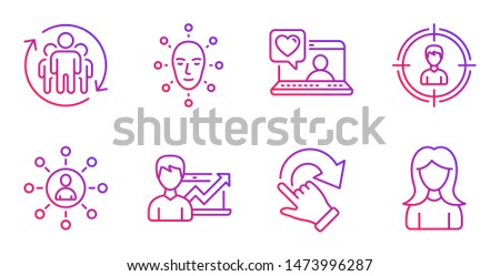 Headhunting, Success business and Networking line icons set. Friends chat, Rotation gesture and Face biometrics signs. Teamwork, Woman symbols. Person in target, Growth chart. People set. Vector