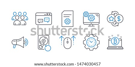 Set of Technology icons, such as Settings, File settings, Megaphone, Group, Browser window, Time management, Recovery hdd, Swipe up, Loyalty points, Bitcoin line icons. Line settings icon. Vector