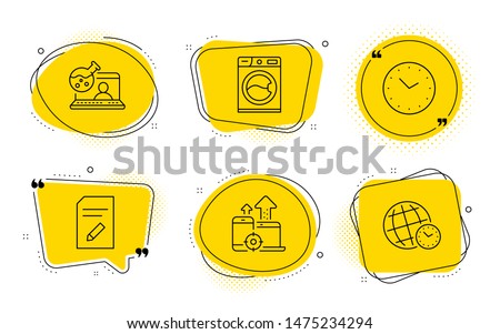 Washing machine, Seo devices and Time zone signs. Chat bubbles. Edit document, Online chemistry and Time line icons set. Page with pencil, Lab flask, Clock. Laundry service. Technology set. Vector