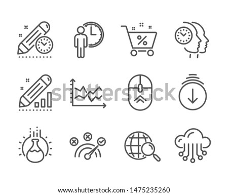 Set of Technology icons, such as Chemistry experiment, Swipe up, Time management, Cloud storage, Diagram chart, Scroll down, Waiting, Correct answer, Web search, Loan percent line icons. Vector