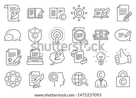 Copywriting book line icons. Set of Copyright protection, Signature and Feedback icons. Typewriter, Idea and message copywriting. Write book, legal copyright, content author. Light bulb. Vector