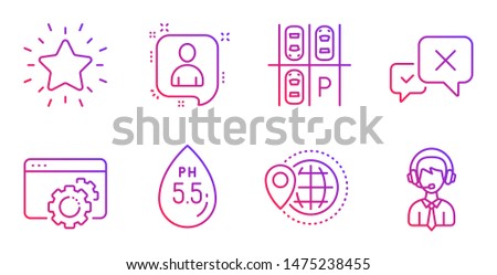 Rank star, Ph neutral and Seo gear line icons set. Parking place, Reject and World travel signs. Developers chat, Shipping support symbols. Best result, Water. Business set. Vector