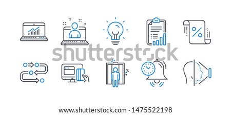 Set of Technology icons, such as Energy, Elevator, Best manager, Time management, Online payment, Online statistics, Checklist, Loan percent, Methodology, Face id line icons. Lightbulb, Lift. Vector