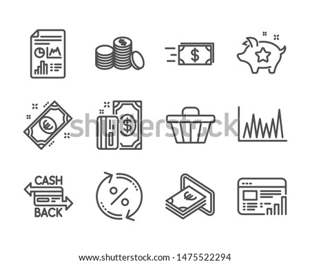 Set of Finance icons, such as Loyalty points, Payment, Line graph, Web report, Cash, Banking money, Euro money, Shop cart, Loan percent, Report document, Cashback card line icons. Vector