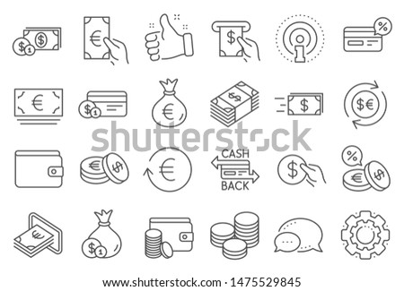 Money wallet line icons. Set of Credit card, Cash and Coins icons. Banking, Currency exchange and Cashback service. Wallet, Euro and Dollar money, credit card. Cash exchange, bank payment. Vector