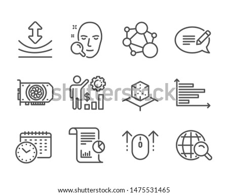 Set of Science icons, such as Message, Employees wealth, Horizontal chart, Calendar time, Integrity, Gpu, Face search, Resilience, Swipe up, Internet search, Report, Augmented reality. Vector