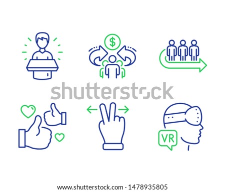 Like, Queue and Brand ambassador line icons set. Touchscreen gesture, Sharing economy and Augmented reality signs. Thumbs up, People waiting, Man speak. Swipe. People set. Vector