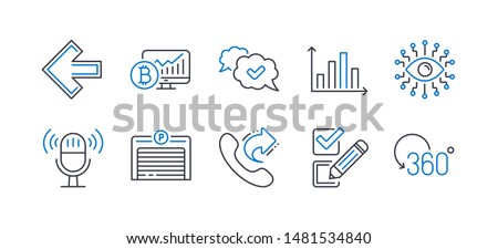 Set of Technology icons, such as Artificial intelligence, Share call, Approved, Left arrow, Parking garage, Microphone, Diagram graph, Checkbox, Bitcoin chart, Full rotation line icons. Vector