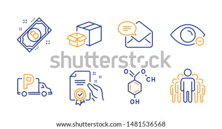 Chemical formula, Myopia and Certificate line icons set. Bitcoin, Packing boxes and Truck parking signs. New mail, Group symbols. Chemistry, Eye vision. Business set. Vector