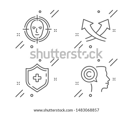 Intersection arrows, Medical shield and Face detect line icons set. Writer sign. Exchange, Medicine protection, Select target. Copyrighter. Science set. Line intersection arrows outline icon. Vector