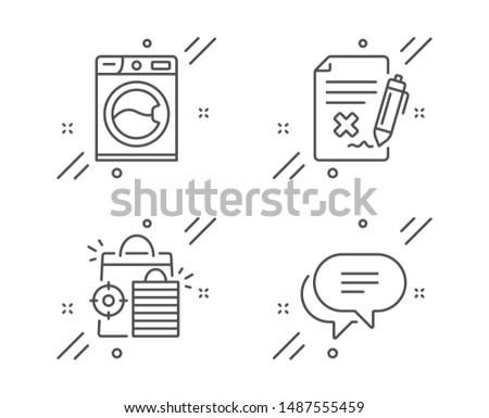 Reject file, Seo shopping and Washing machine line icons set. Text message sign. Decline agreement, Analytics, Laundry service. Chat bubble. Technology set. Line reject file outline icon. Vector