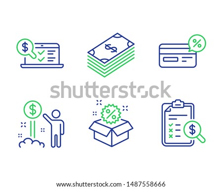 Online accounting, Income money and Cashback line icons set. Sale, Dollar and Accounting report signs. Web audit, Wealth, Non-cash payment. Discount. Finance set. Vector