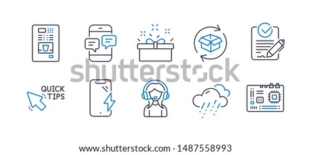Set of Business icons, such as Support, Phone messages, Return parcel, Smartphone charging, Quick tips, Rfp, Coffee vending, Rainy weather, Present box, Motherboard line icons. Vector