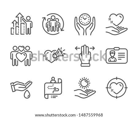 Set of People icons, such as Multitasking gesture, Heart target, Identification card, Sun protection, Love couple, Wash hands, Safe time, Journey path, Teamwork, Hold heart, Love message. Vector