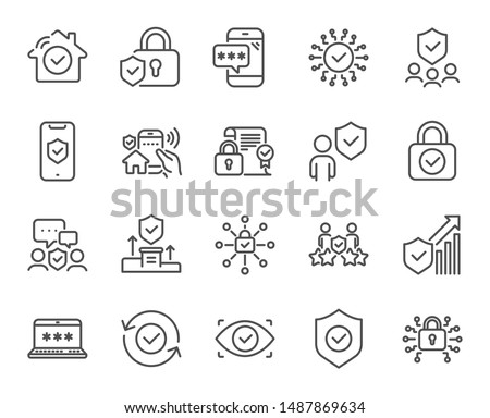 Security line icons. Cyber lock, password, unlock. Guard, shield, home security system icons. Eye access, electronic check, firewall. Internet protection, laptop password. Vector