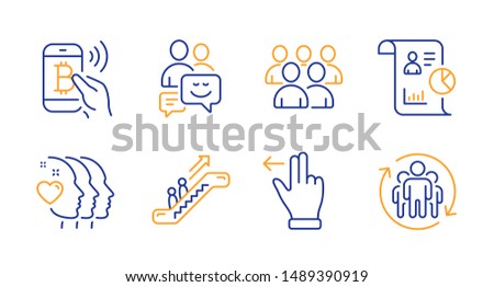 Report, Communication and Escalator line icons set. Friends couple, Group and Bitcoin pay signs. Touchscreen gesture, Teamwork symbols. Work statistics, Business messages. People set. Vector