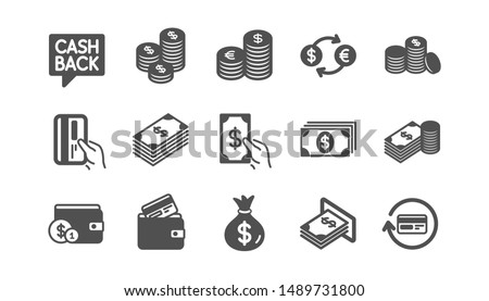 Money and payment icons. Cash, Wallet and Coins. Account cashback classic icon set. Quality set. Vector